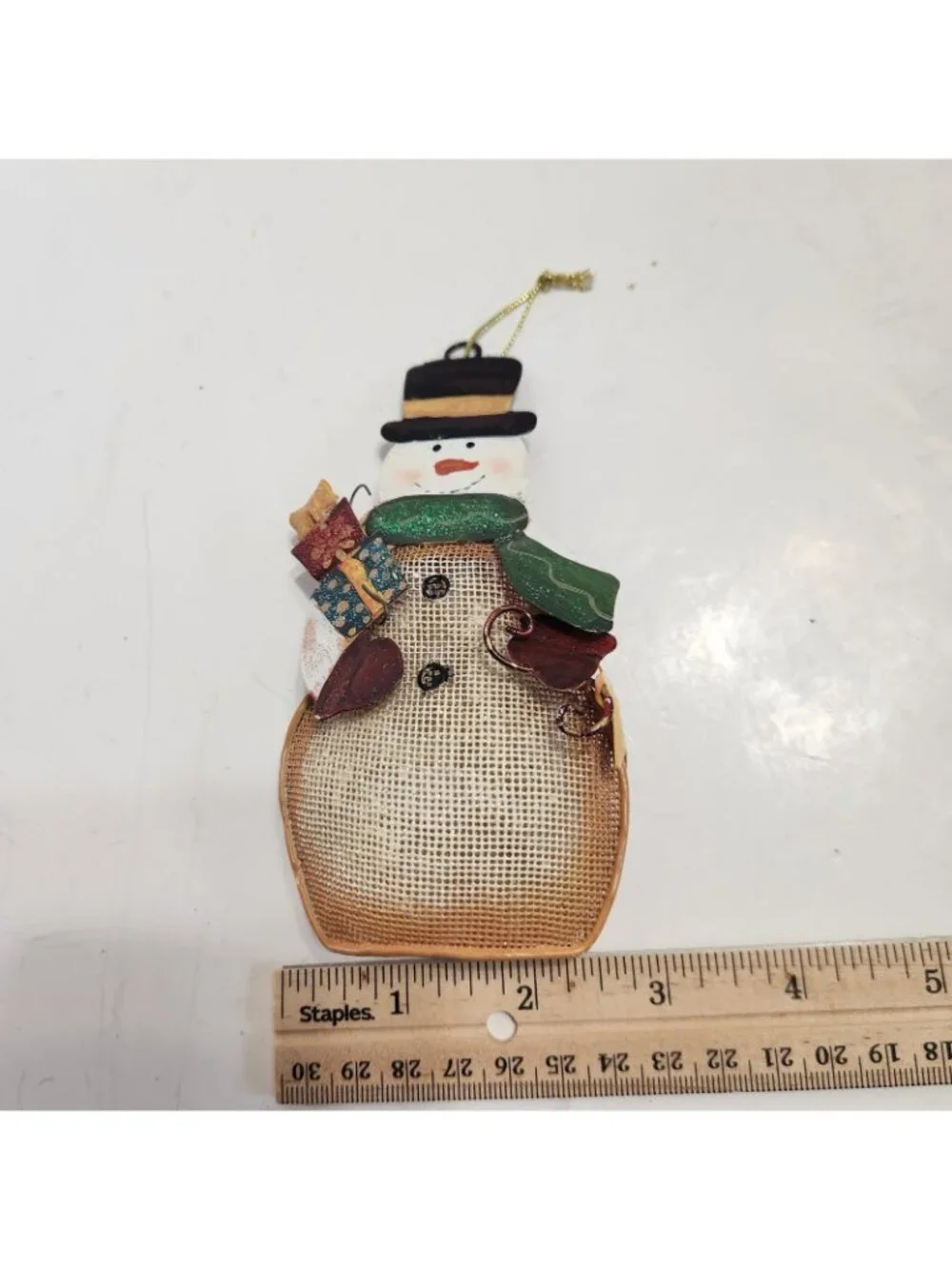 Rustic Mesh Style Snowman Ornament Holding Gifts Top Hat Green Scarf Christmas
